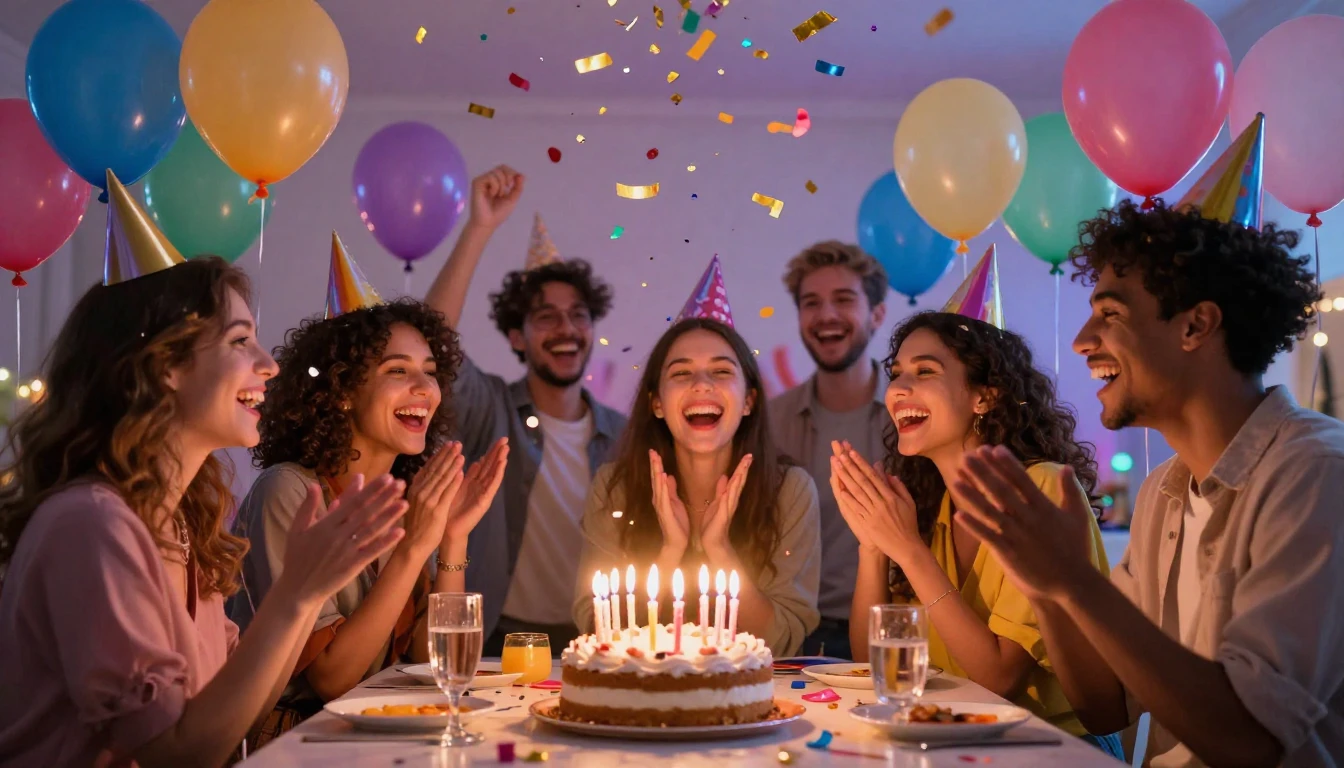 A festive birthday celebration scene, colorful balloons floa...