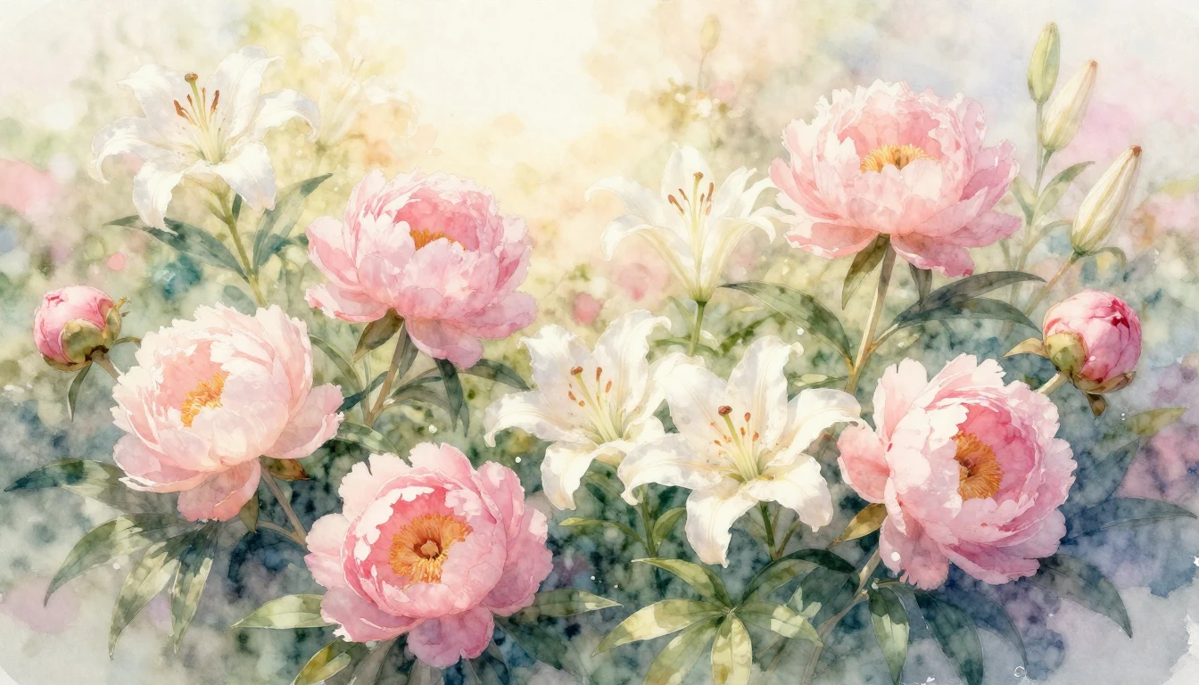A beautiful watercolor painting of a blooming garden with so...