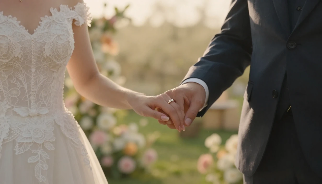 Close-up cinematic shot of a bride and groom holding hands, ...