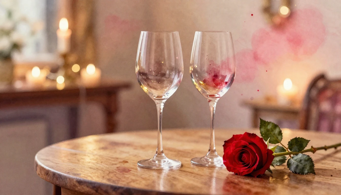 A soft watercolor painting of two elegant wine glasses stand...