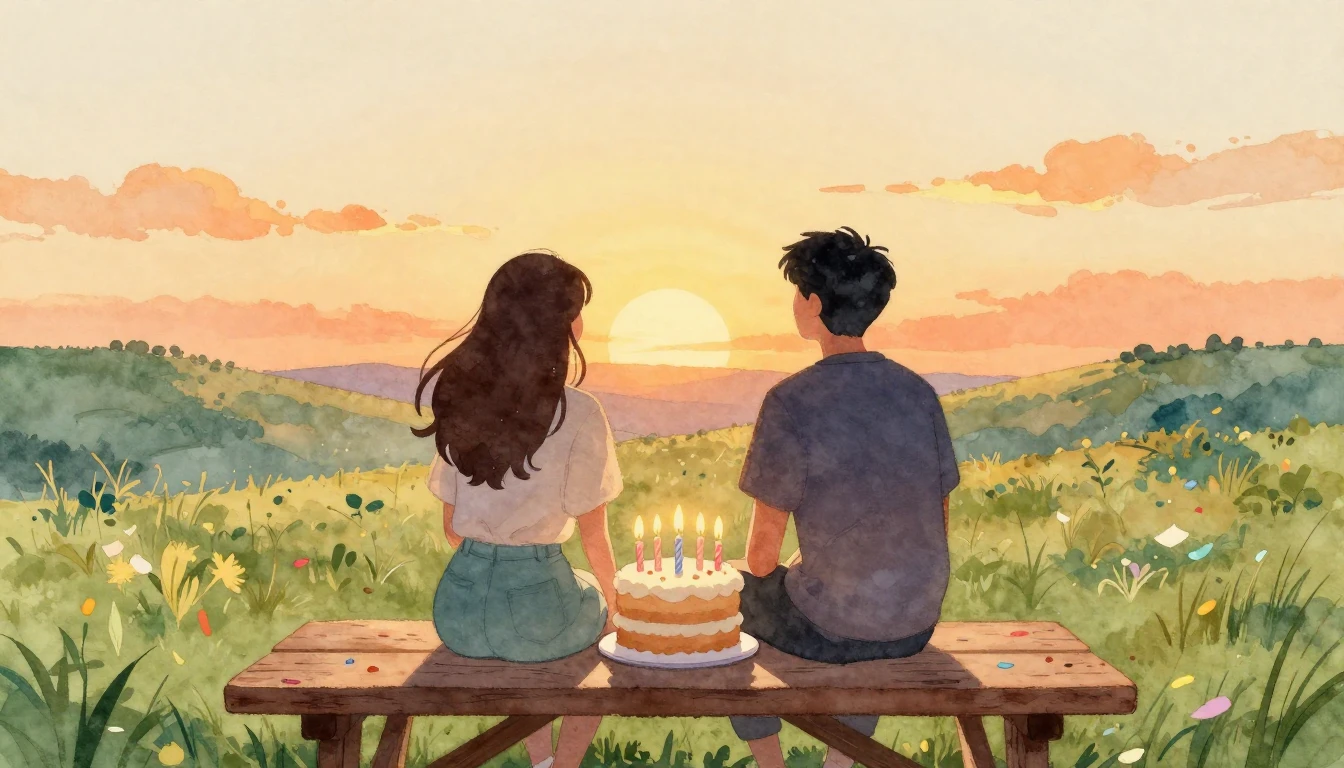 A warm and nostalgic watercolor painting featuring two silho...