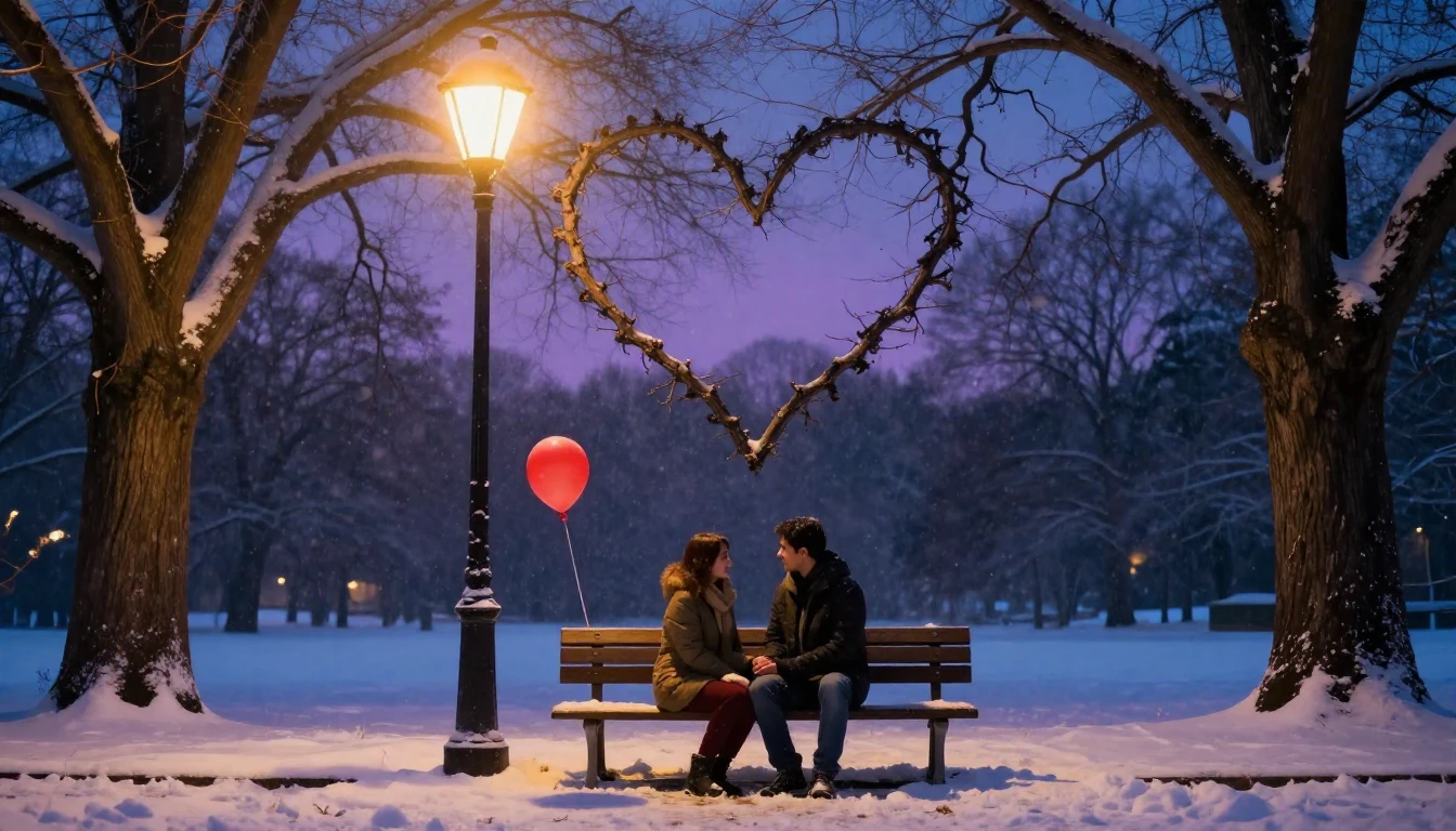 A soft and romantic scene of a couple sitting on a wooden be...