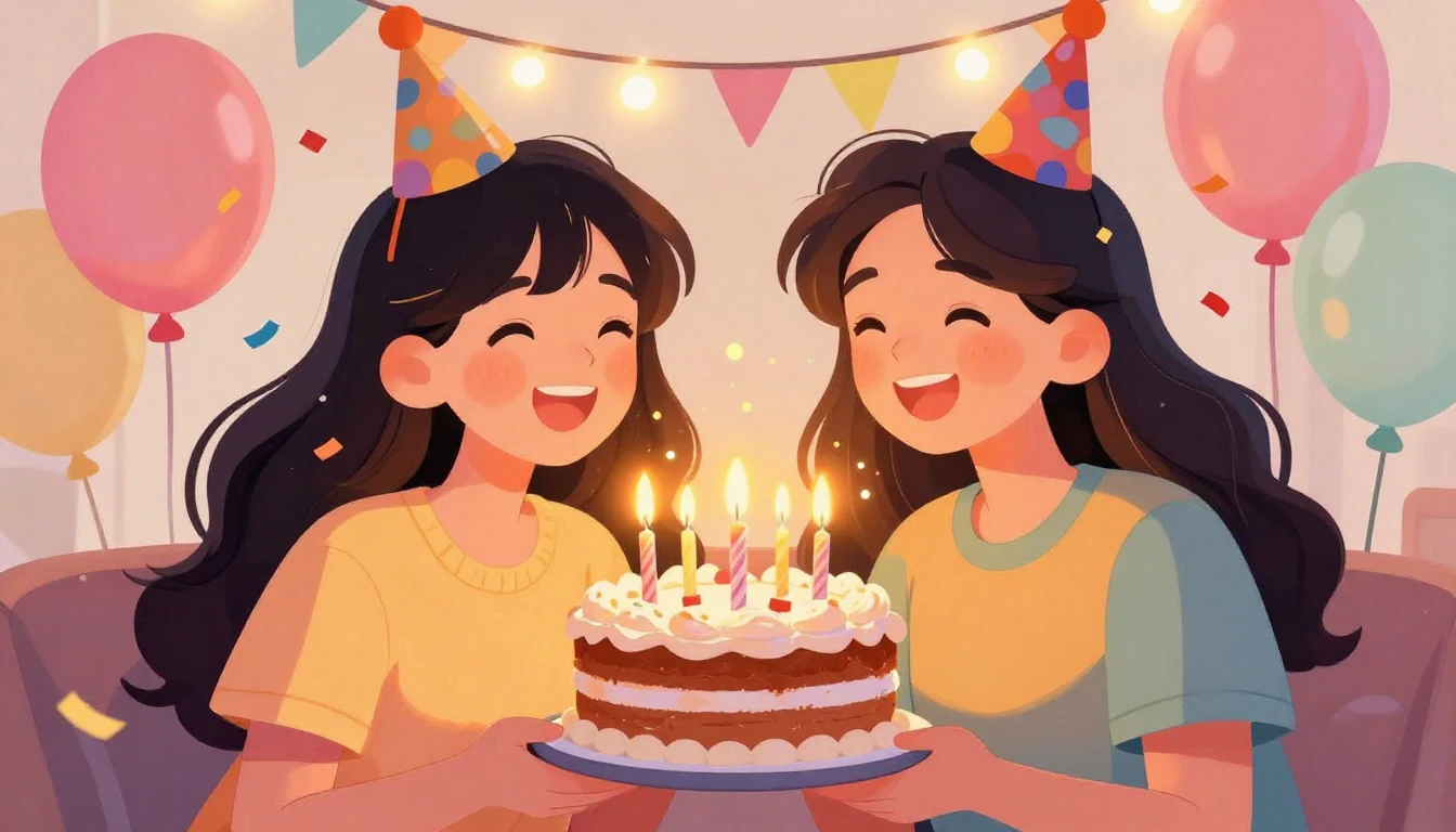 A joyful illustration of two friends celebrating a birthday,...