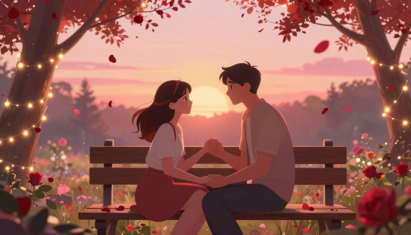 A romantic and dreamy illustration of a couple sitting on a ...