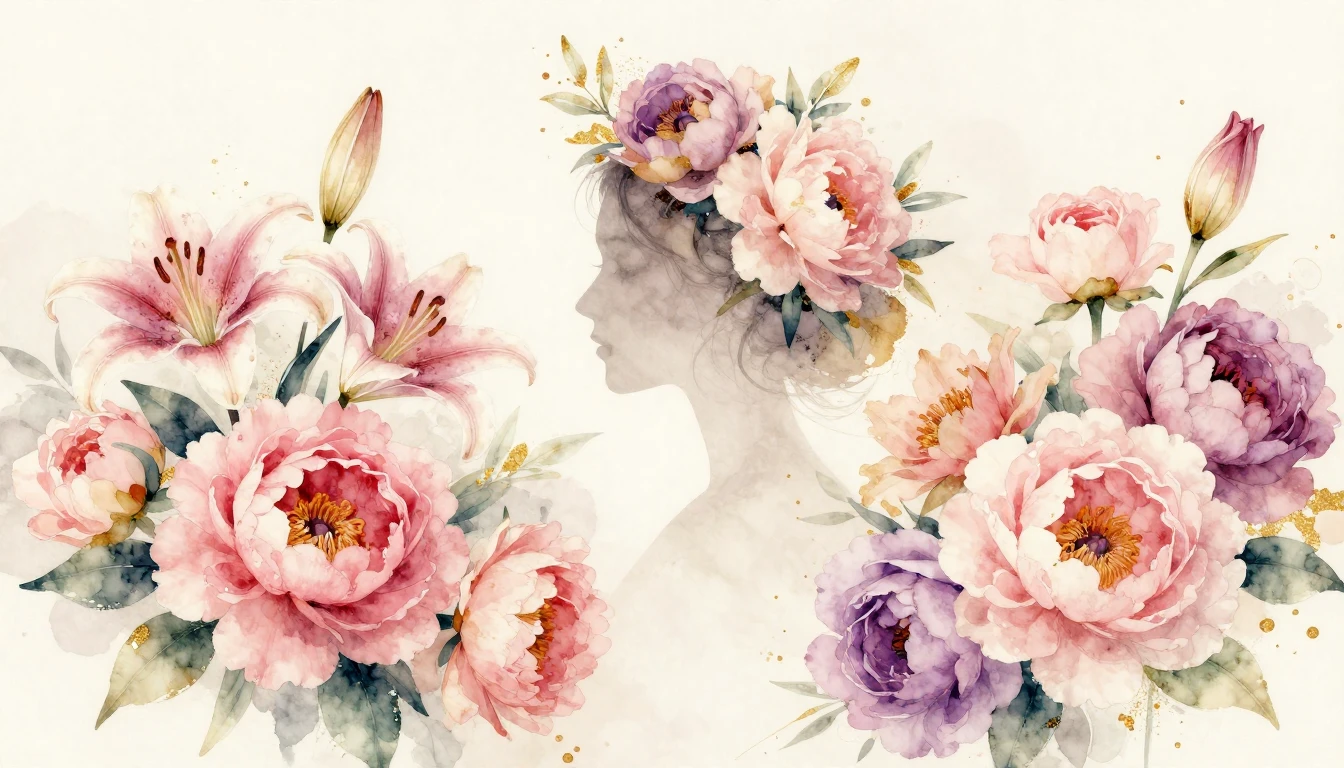 A beautiful watercolor painting of various blooming flowers ...