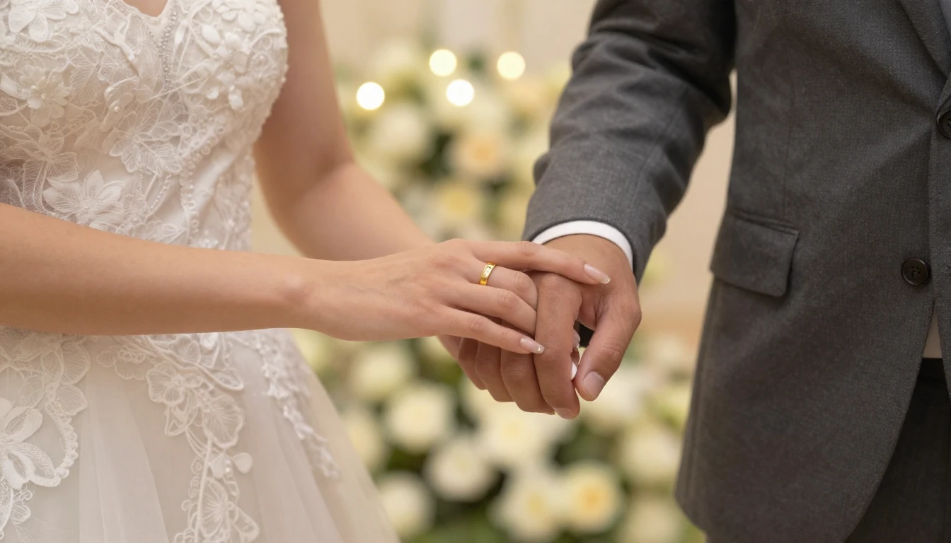 A romantic and elegant wedding scene, close-up of a bride an...