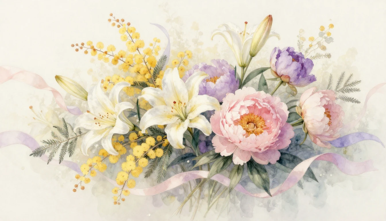 An exquisite watercolor painting depicting a delicate bouque...