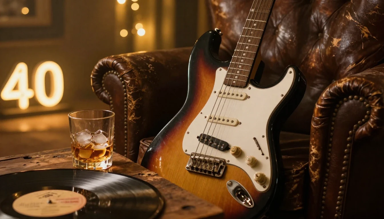 A cinematic close-up shot of a vintage electric guitar leani...