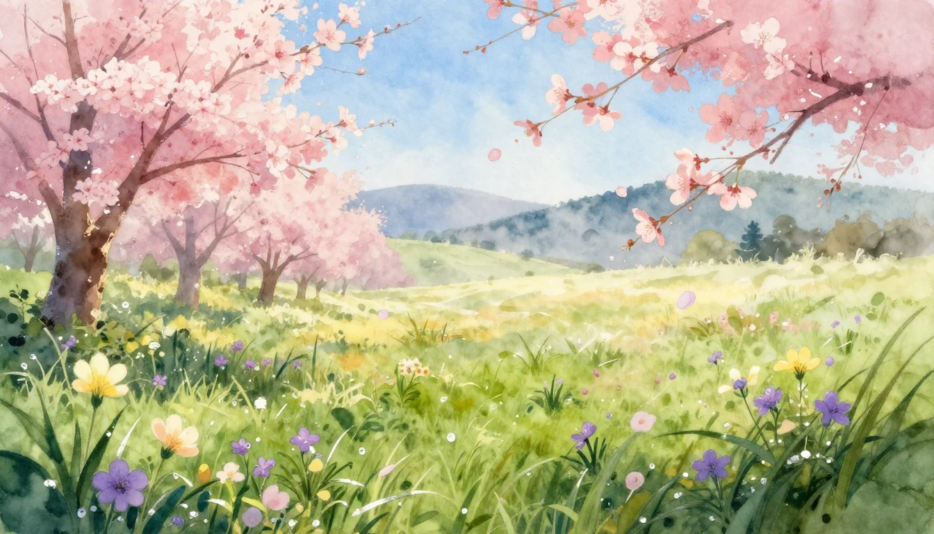 A vibrant watercolor painting of a lush meadow at dawn. Deli...