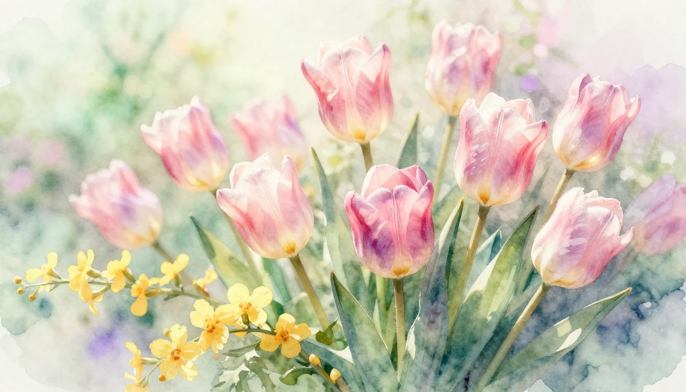 A delicate watercolor painting of a blooming spring garden. ...
