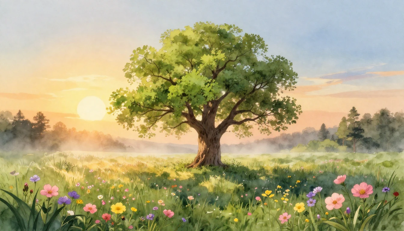 A breathtaking watercolor illustration of a sun rising over ...