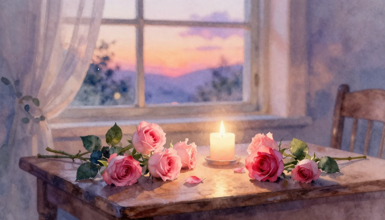 A beautiful watercolor painting of a soft, romantic scene. D...