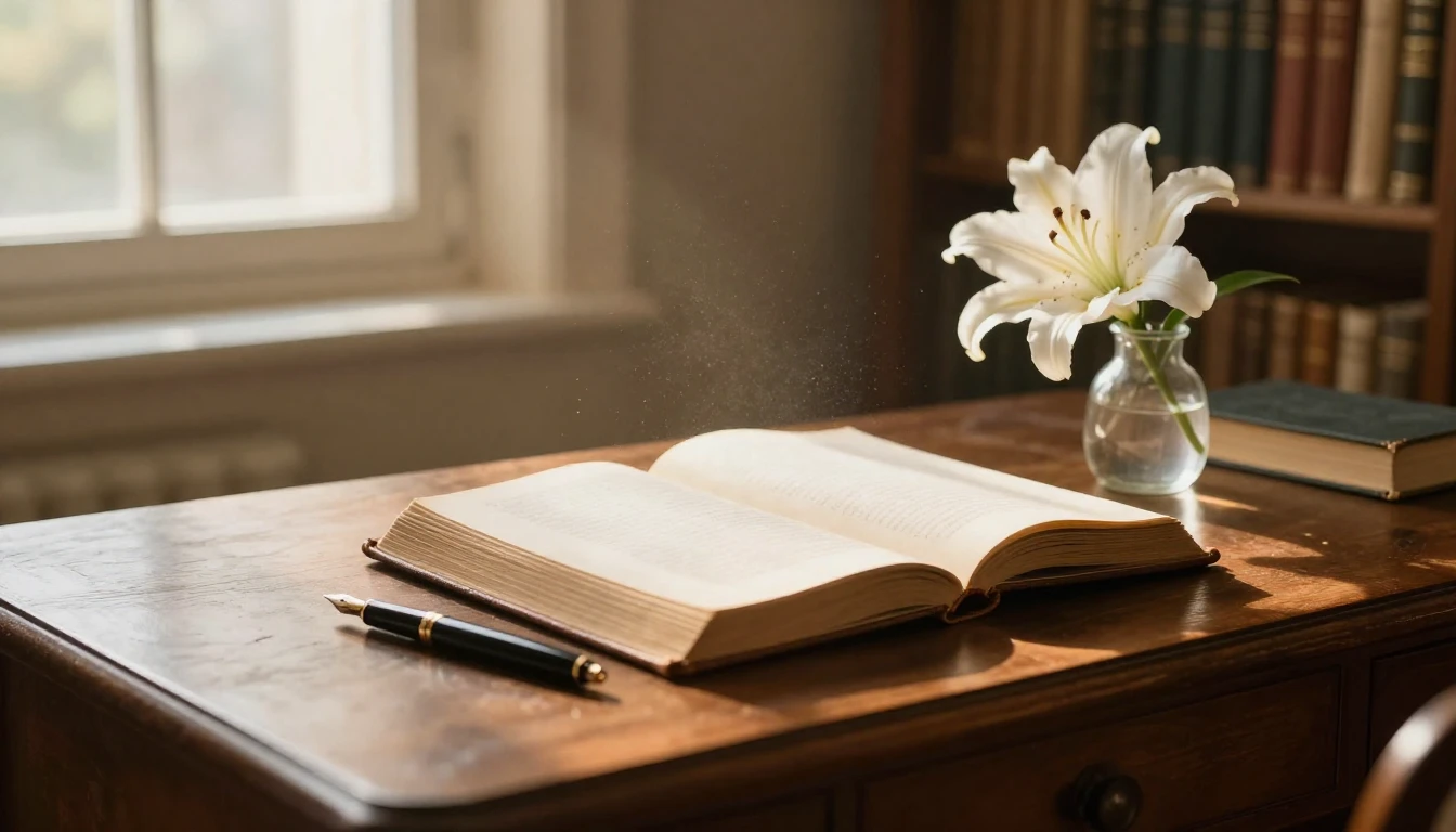 A serene and scholarly atmosphere featuring an antique woode...