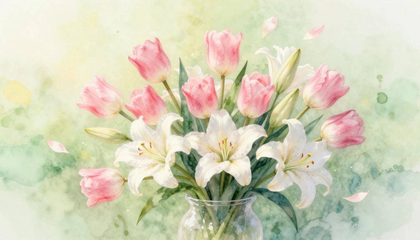 A delicate watercolor painting of a lush spring bouquet feat...
