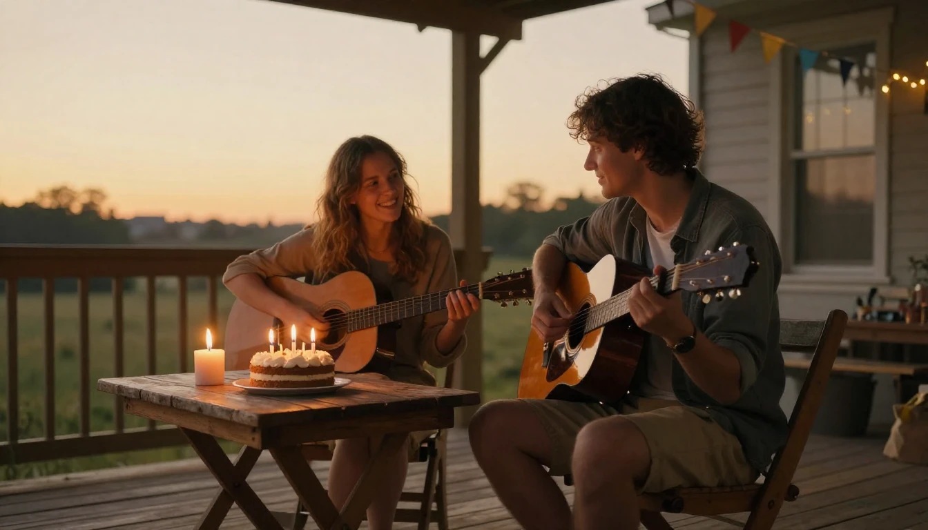 A warm and inviting scene of two friends sitting on a wooden...