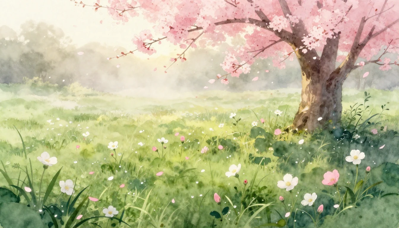 A delicate watercolor painting of a lush green meadow at daw...