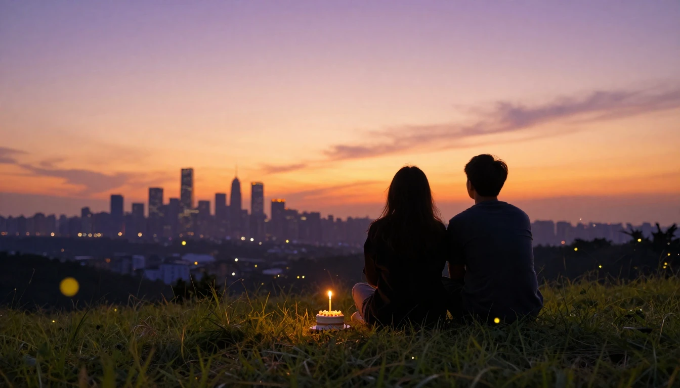 Two silhouettes of friends sitting on a grassy hill at sunse...