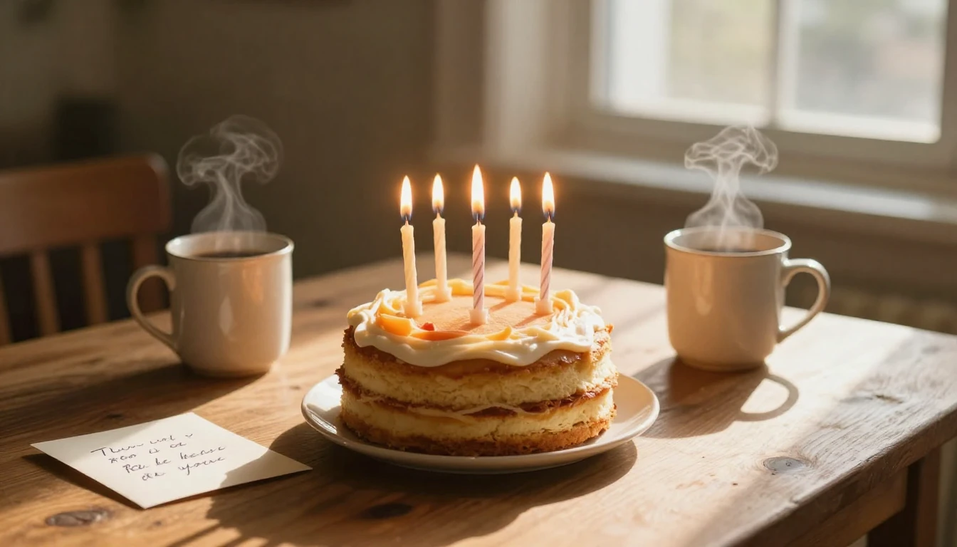 A heartwarming close-up scene of a small, rustic birthday ca...