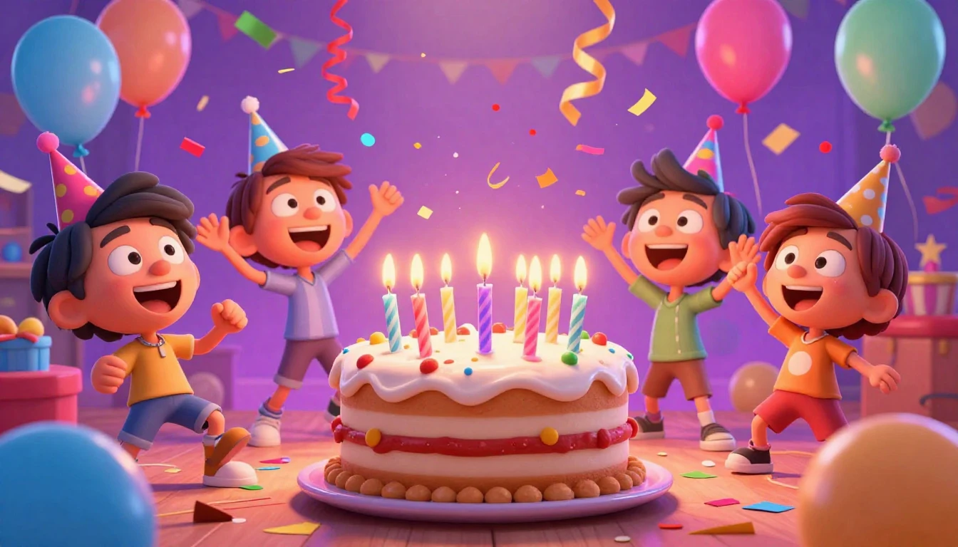 A vibrant and chaotic birthday party scene in a 3D animated ...