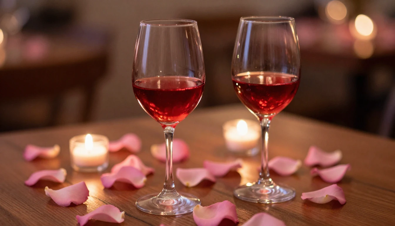 A delicate and romantic scene featuring two elegant wine gla...