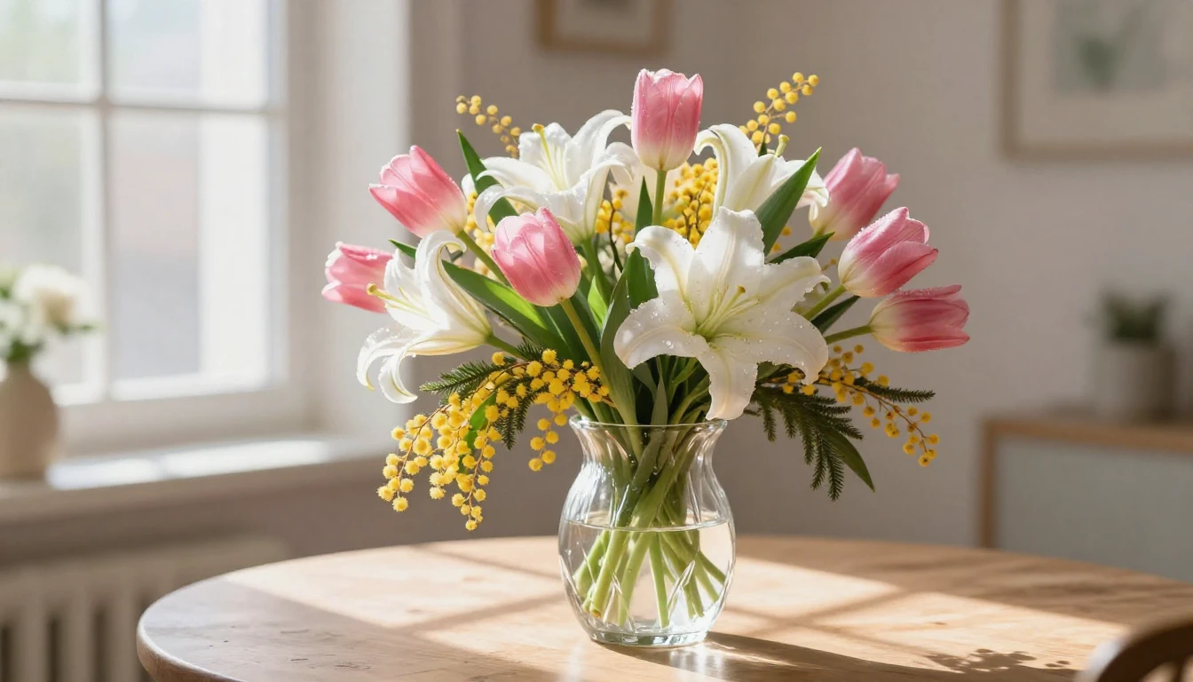 A lush bouquet of spring flowers including pink tulips, whit...
