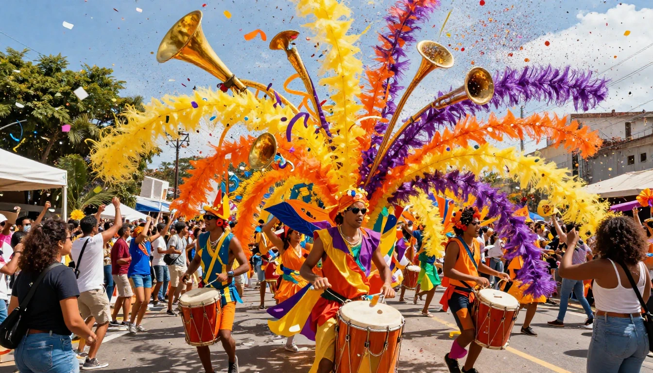 A vibrant and explosive scene of a street festival. Swirls o...
