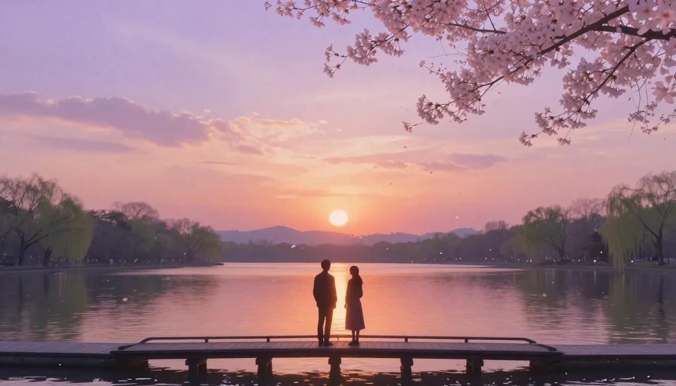 A dreamlike and ethereal scene featuring two silhouettes sta...