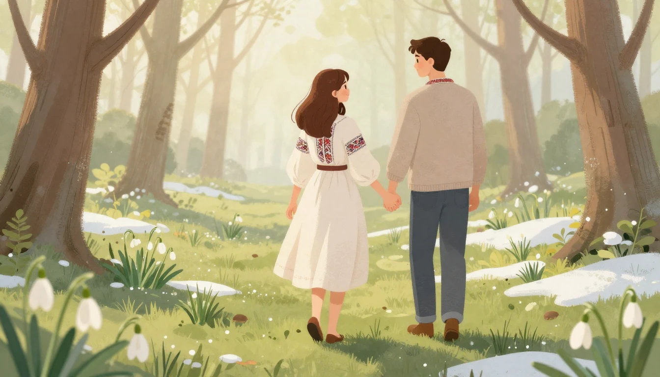 A romantic illustration of a young couple holding hands walk...