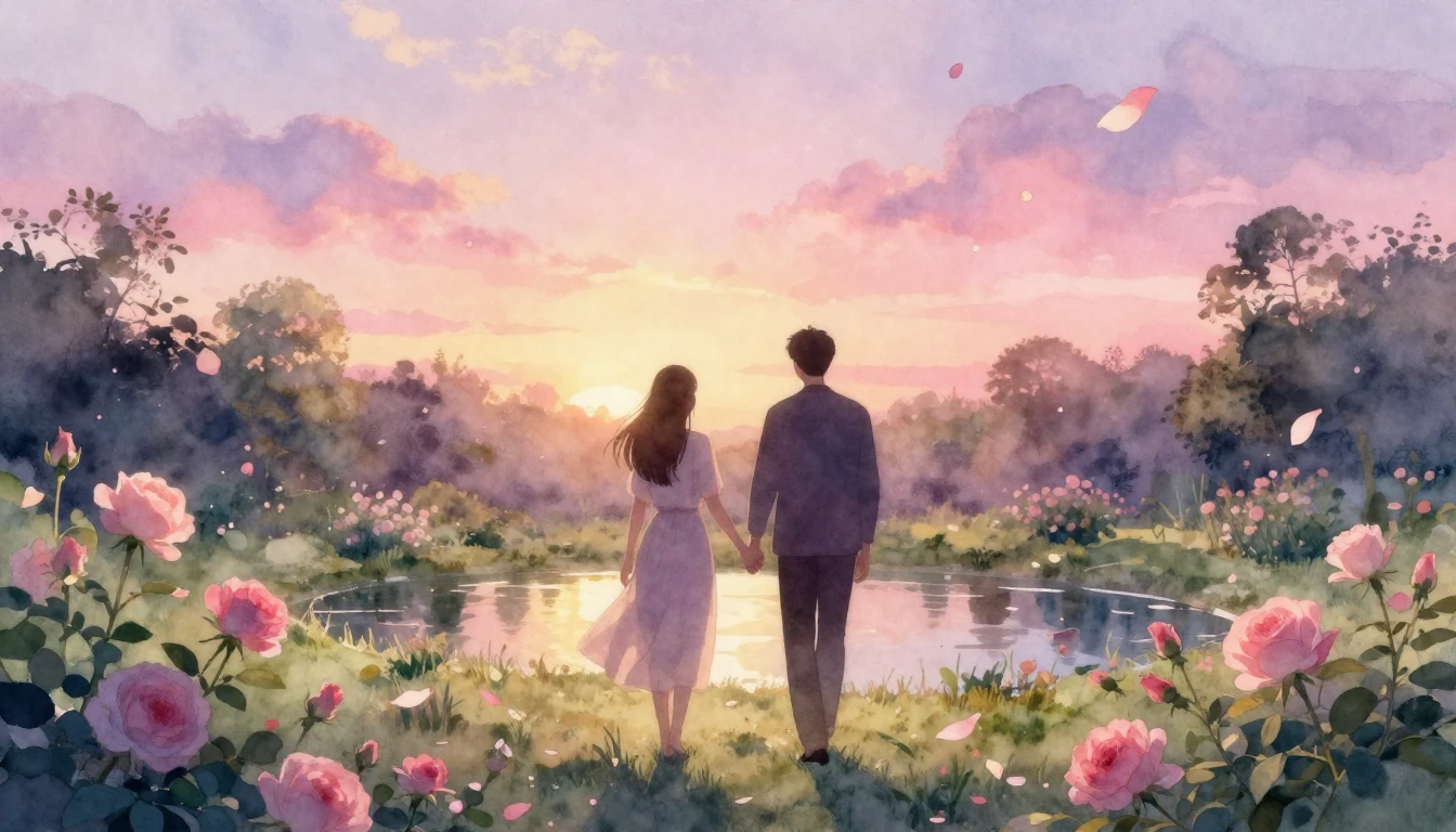 A dreamlike watercolor painting of two silhouettes walking h...