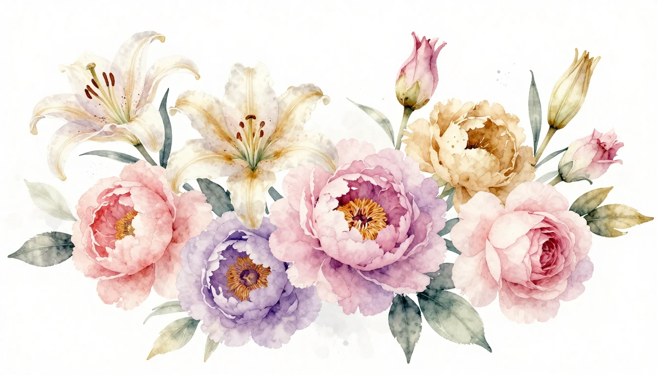 A delicate watercolor painting of various blooming flowers l...