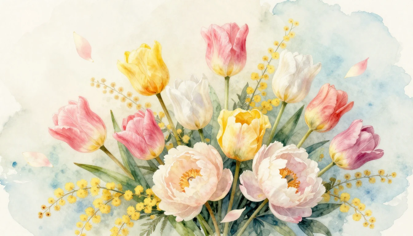 A beautiful watercolor painting of a lush spring bouquet fea...