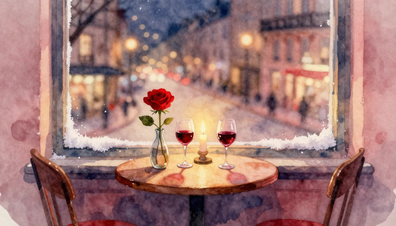 A romantic watercolor painting of a cozy evening scene. A sm...