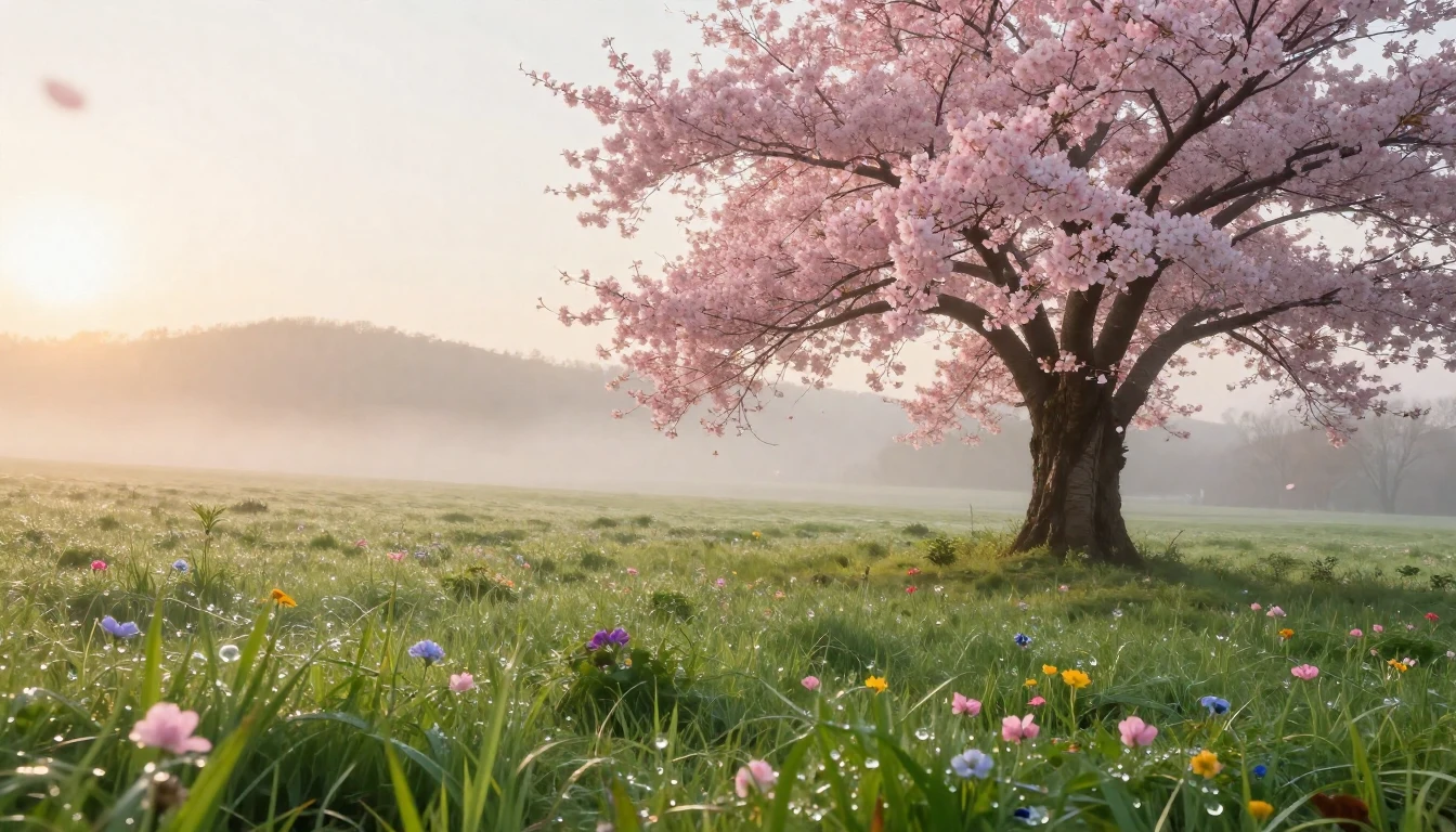 An ethereal landscape of a serene spring meadow at dawn. Tin...