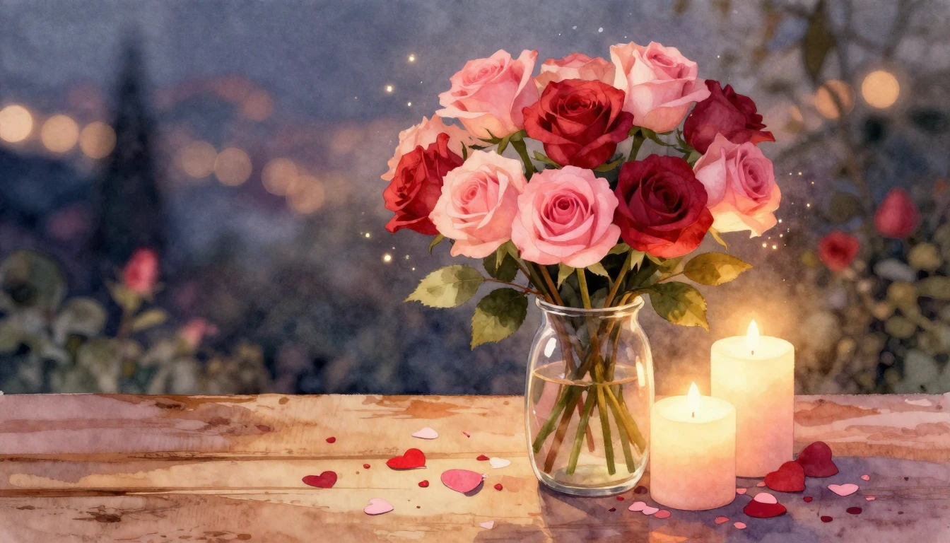 A beautiful watercolor illustration of a romantic setting. I...