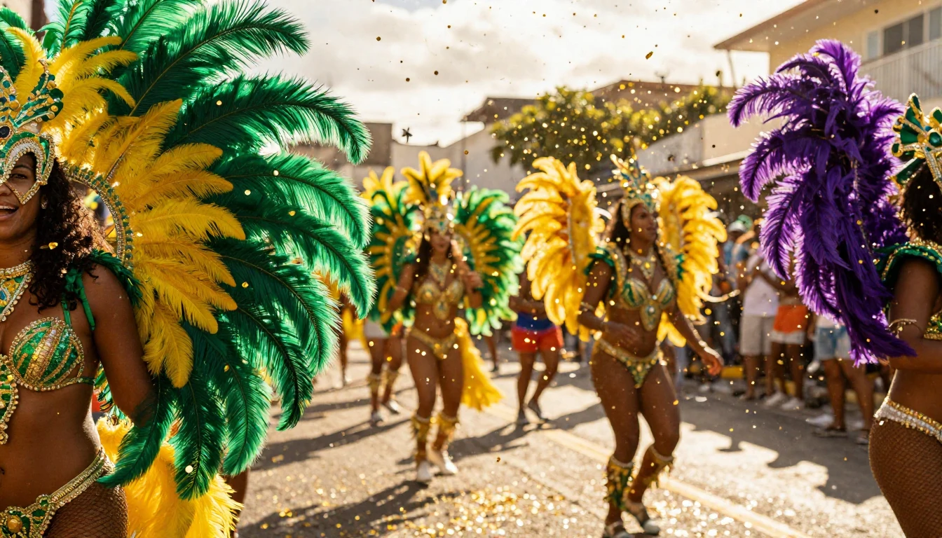 A vibrant and explosive scene of a Carnival festival. The im...