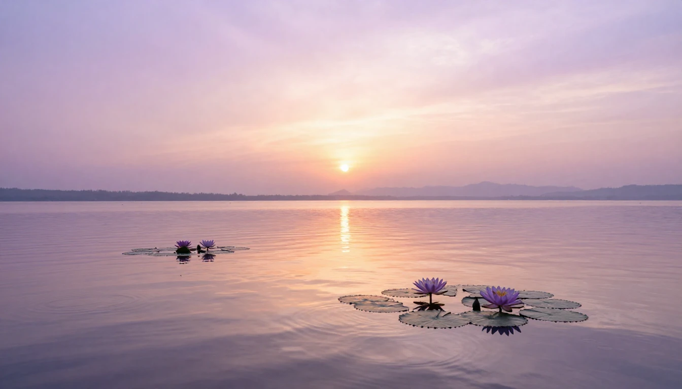 A serene landscape featuring a calm lake reflecting a soft s...