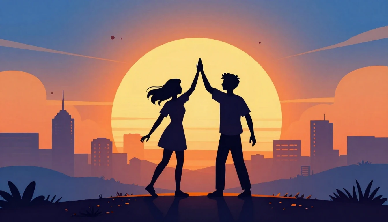 A vibrant and energetic album cover depicting two silhouette...