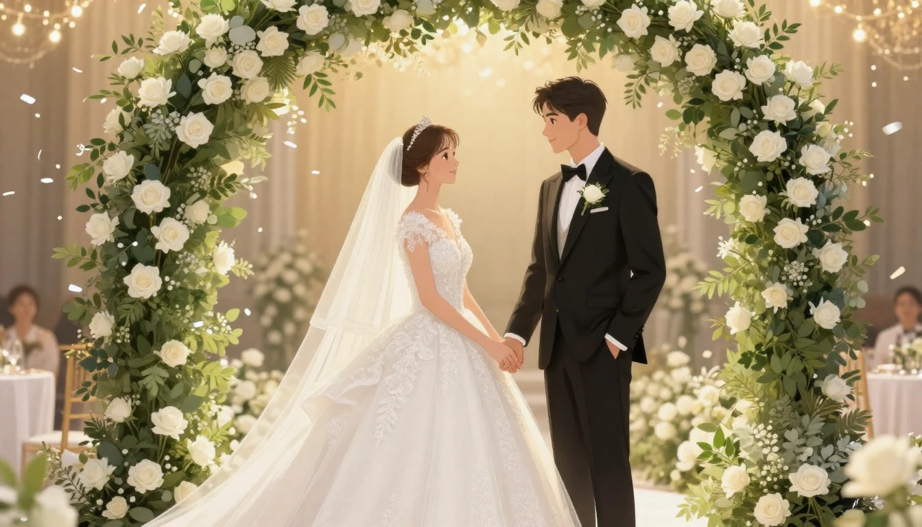 A romantic and elegant illustration of a bride and groom hol...