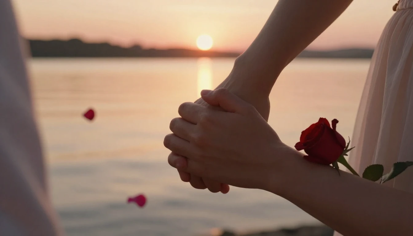 A romantic and emotional close-up scene of a couple holding ...