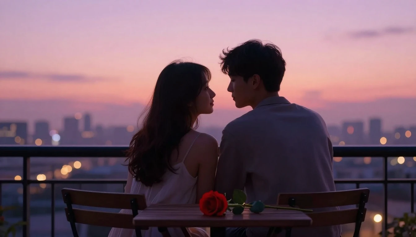 A romantic and intimate scene featuring two silhouettes sitt...