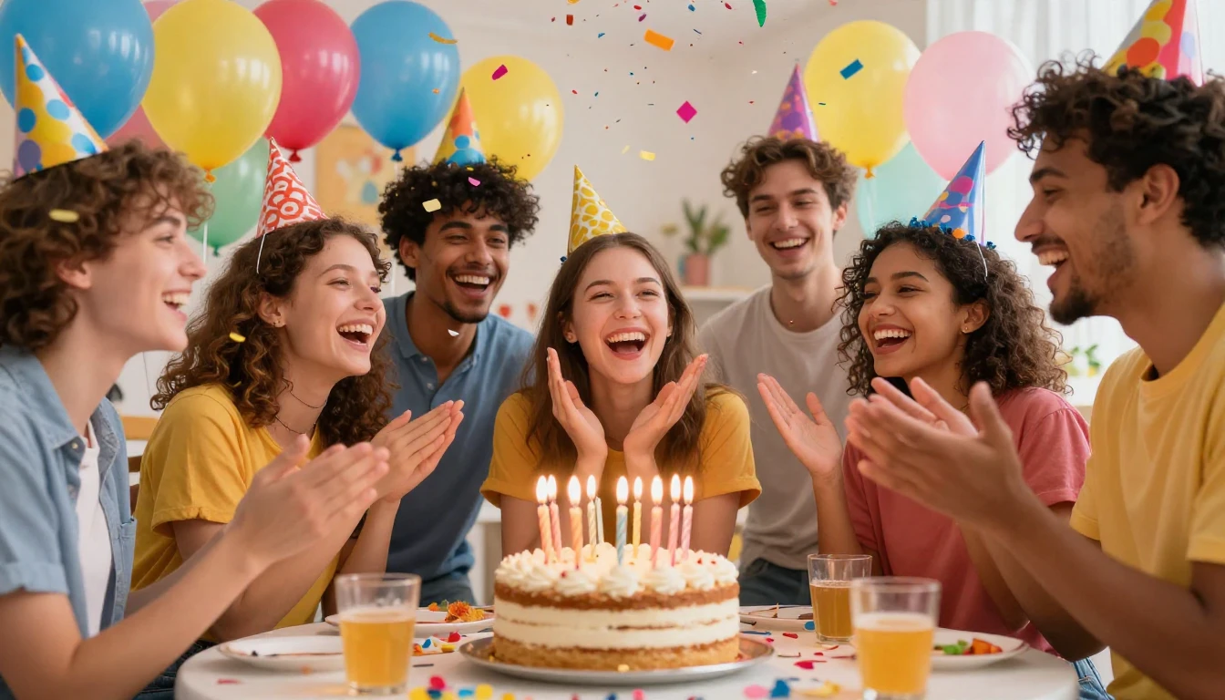 A vibrant and colorful birthday party scene, a group of dive...