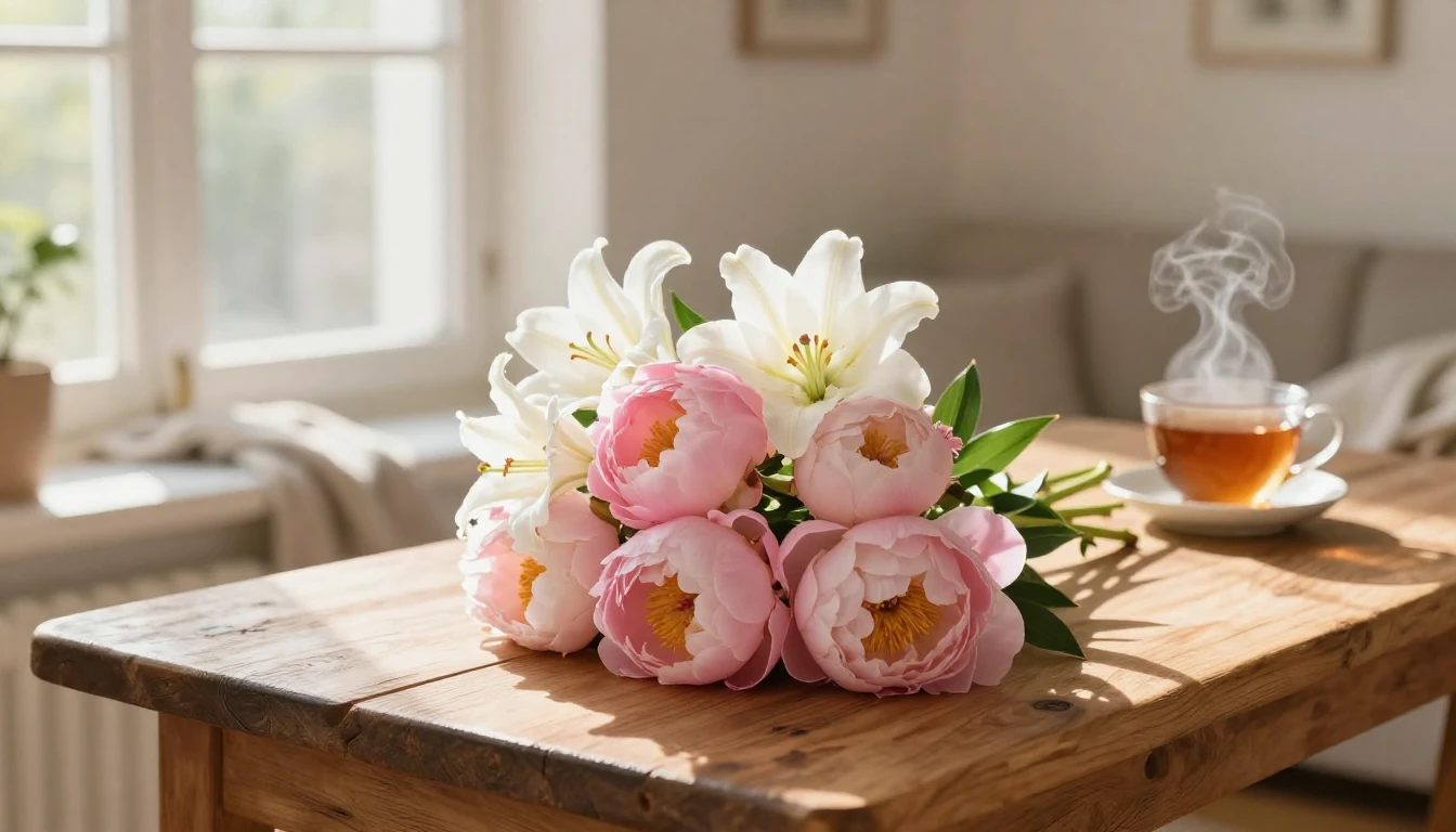 A beautiful bouquet of soft pink peonies and white lilies re...