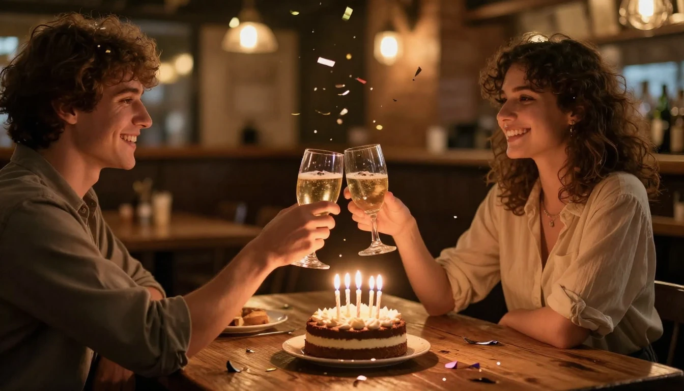 A warm and cheerful scene of two friends clinking glasses in...