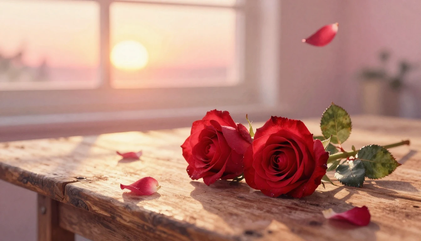 A soft watercolor painting of two delicate red roses intertw...