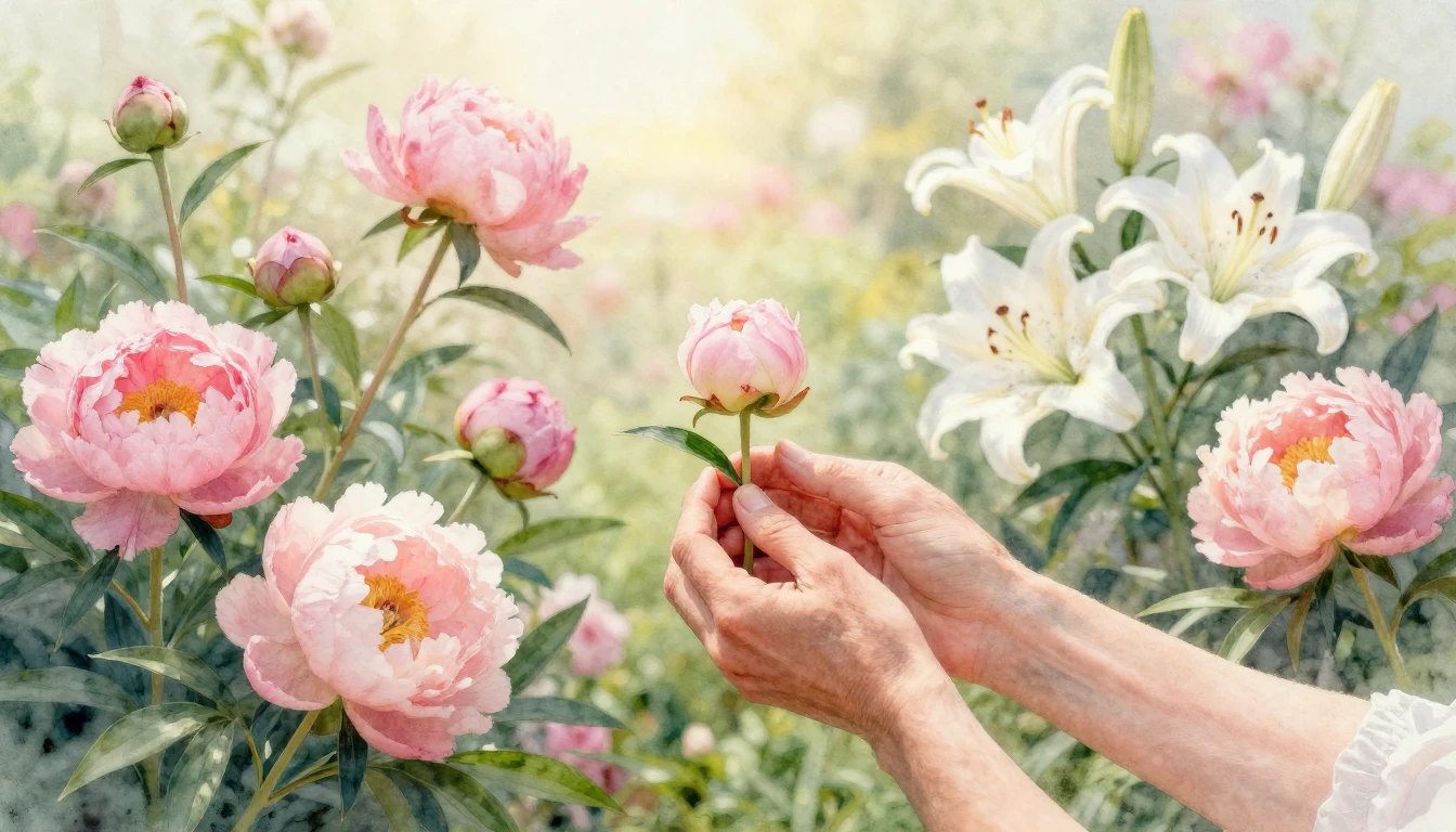 A soft watercolor painting depicting a blooming garden with ...