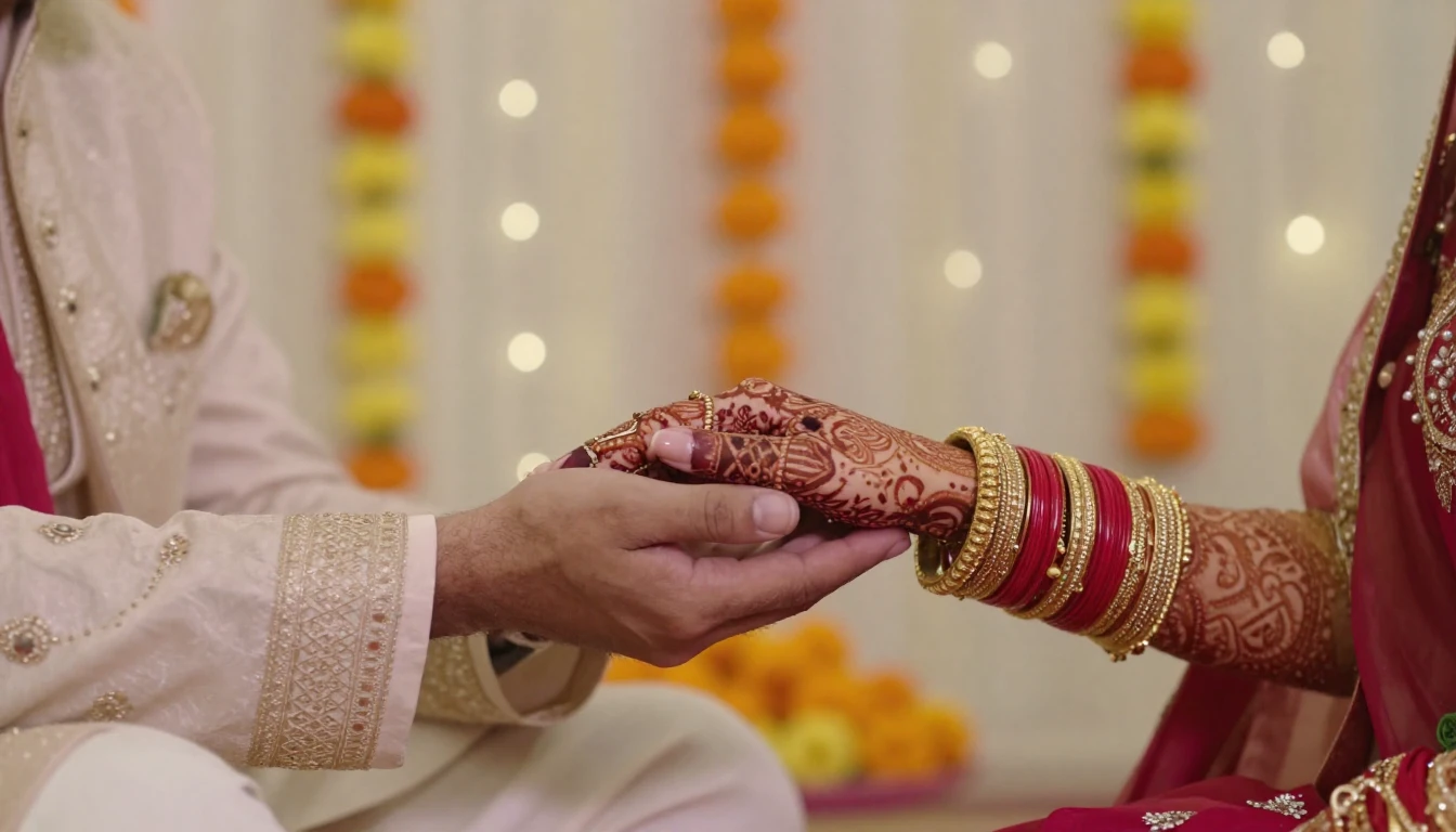 Close-up of a traditional Bengali wedding scene, specificall...