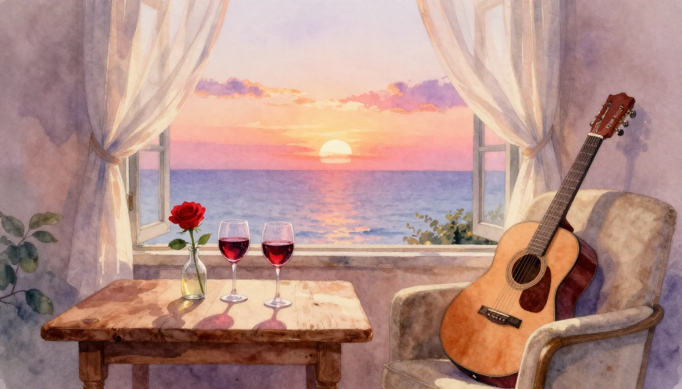 A soft and romantic watercolor painting depicting a cozy int...