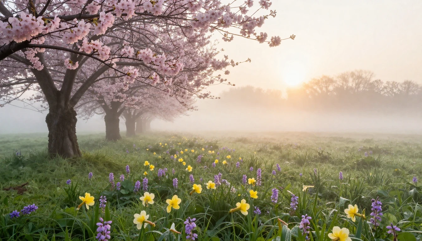A breathtaking landscape of a meadow at dawn during early sp...