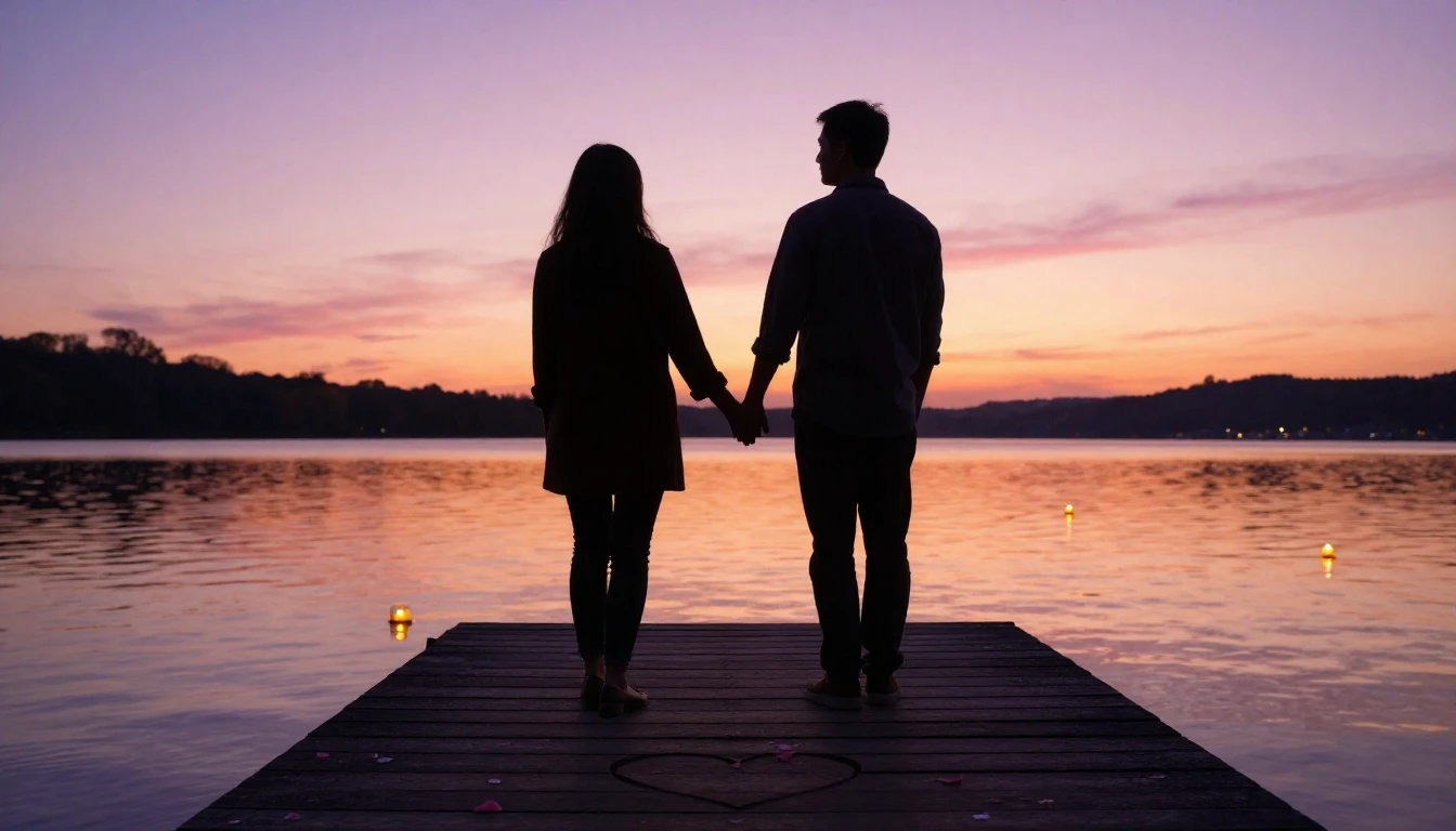 A romantic and atmospheric scene showing two silhouettes of ...