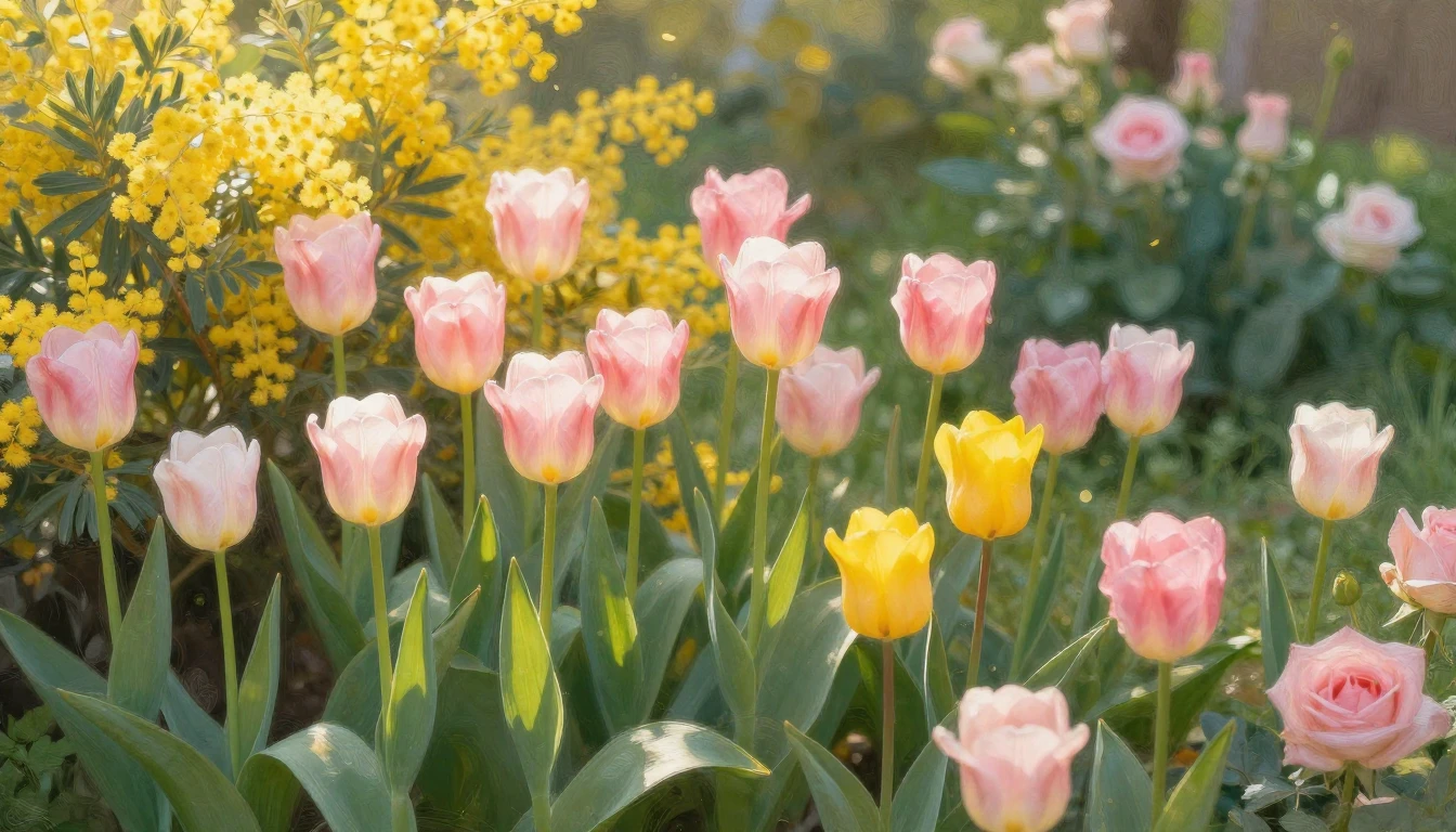 A vibrant and lush spring garden filled with blooming tulips...